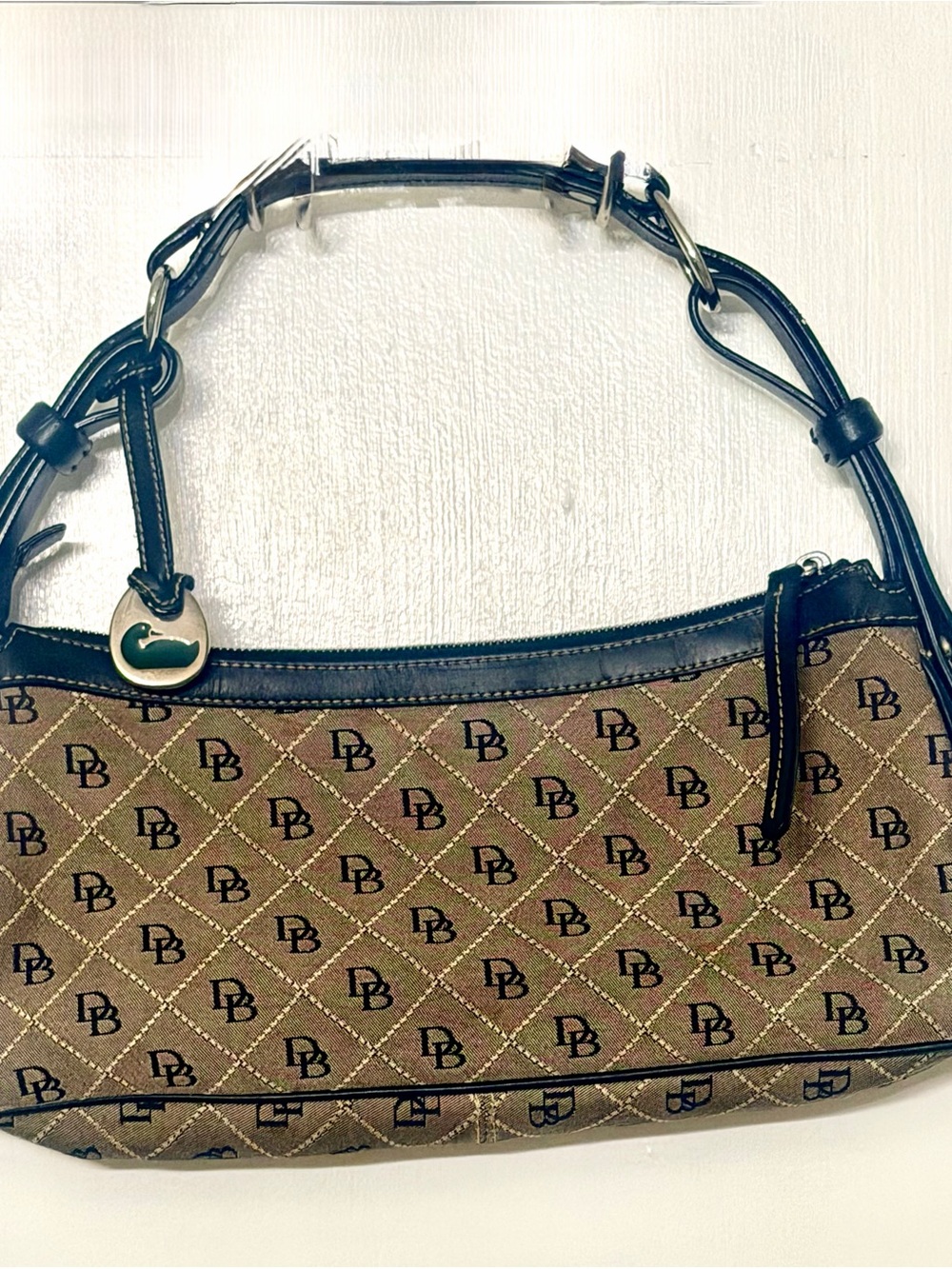 Dooney & Bourke Brown Logo-Print Shoulder Bag with Black Trim